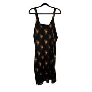 Laurie Felt Black Tropical Floral Slip Dress Lace Trim Adjustable Straps Size 14